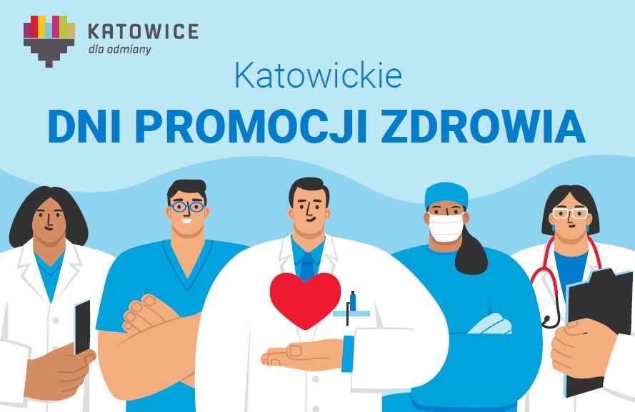Plakat przedstawiający postaci w uniformach służby medycznej oraz grafika przedstawiająca katowicką kartę mieszkańca.